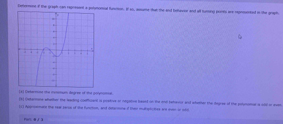 Determine if the graph can represent a polynomial function. If so, assume that the end behavior and all turning points are represented in the graph. 
(a) Determine the minimum degree of the polynomial. 
(b) Determine whether the leading coefficient is positive or negative based on the end behavior and whether the degree of the polynomial is odd or even. 
(c) Approximate the real zeros of the function, and determine if their multiplicities are even or odd. 
Part: 0 / 3