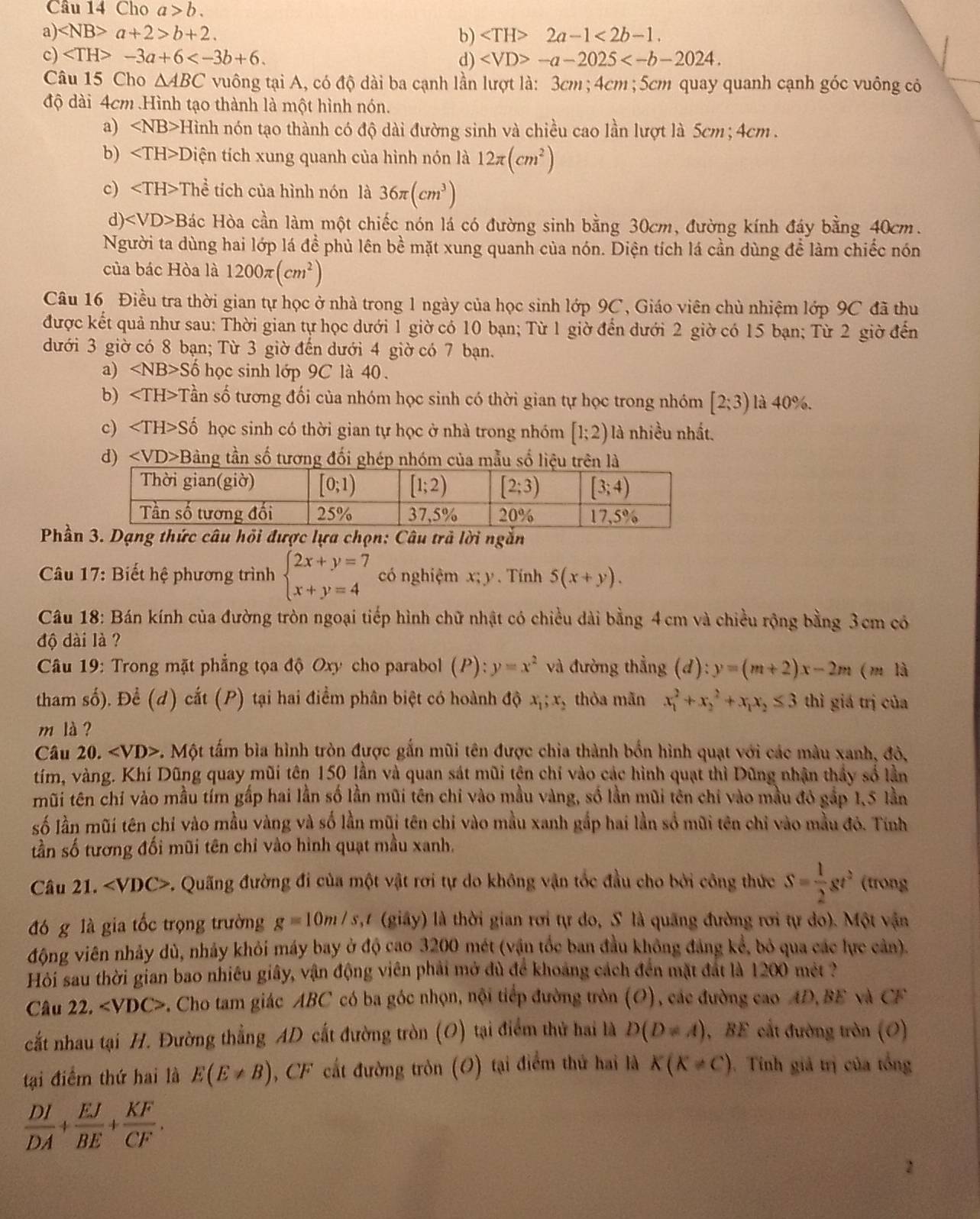 Cho a>b.
a) a+2>b+2. b) 2a-1<2b-1.
c) -3a+6 d) -a-2025
Câu 15 Cho △ ABC vuông tại A, có độ dài ba cạnh lần lượt là: 3cm; 4cm ;5cm quay quanh cạnh góc vuông có
độ dài 4cm Hình tạo thành là một hình nón.
a) ∠ NB> Hình nón tạo thành có độ dài đường sinh và chiều cao lần lượt là 5cm ; 4cm .
b) ∠ TH>D tiện tích xung quanh của hình nón là 12π (cm^2)
c) The tích của hình nón là 36π (cm^3)
d) ∠ VD>B Hác Hòa cần làm một chiếc nón lá có đường sinh bằng 30cm, đường kính đáy bằng 40cm.
Người ta dùng hai lớp lá đề phủ lên bề mặt xung quanh của nón. Diện tích lá cần dùng để làm chiếc nón
của bác Hòa là 1200π (cm^2)
Câu 16 Điều tra thời gian tự học ở nhà trong 1 ngày của học sinh lớp 9C, Giáo viên chù nhiệm lớp 9C đã thu
được kết quả như sau: Thời gian tự học dưới 1 giờ có 10 bạn; Từ 1 giờ đến dưới 2 giờ có 15 bạn; Từ 2 giờ đến
dưới 3 giờ có 8 bạn; Từ 3 giờ đến dưới 4 giờ có 7 bạn.
a) ∠ NB>Shat o học sinh lớp 9C là 40.
b) ∠ TH>T sần số tương đối của nhóm học sinh có thời gian tự học trong nhóm [2;3) là 40%.
c) ∠ TH>Shat o học sinh có thời gian tự học ở nhà trong nhóm [1;2) là nhiều nhất.
d) Bảng tần số tương đối ghép nhóm của mẫu số liệu trên l
Phầnng thức câu hỏi được lựa chọn: Câu trả lời ngắn
Câu 17: Biết hệ phương trình beginarrayl 2x+y=7 x+y=4endarray. có nghiệm x;y. Tính 5(x+y).
Câu 18: Bán kính của đường tròn ngoại tiếp hình chữ nhật có chiều dài bằng 4cm và chiều rộng bằng 3 cm có
độ dài là ?
*  Câu 19: Trong mặt phẳng tọa độ Oxy cho parabol (P):y=x^2 và đường thẳng (d):y=(m+2)x-2m (m là
tham số). Để (d) cắt (P) tại hai điểm phân biệt có hoành độ x_1;x_2 thòa mãn x_1^(2+x_2^2+x_1)x_2≤ 3 thì giá trị của
m là ?
Câu 20.. Một tấm bìa hình tròn được gắn mũi tên được chia thành bốn hình quạt với các màu xanh, đô,
tím, vàng. Khí Dũng quay mũi tên 150 lần và quan sát mũi tên chí vào các hình quạt thì Dũng nhận thầy số lần
tmũi tên chỉ vào mẫu tím gấp hai lần số lần mũi tên chi vào mẫu vàng, số lần mũi tên chi vào mầu đó gắp 1,5 lần
ố lần mũi tên chỉ vào mầu vàng và số lần mũi tên chi vào mẫu xanh gắp hai lần số mũi tên chỉ vào mầu đỏ. Tính
tần số tương đối mũi tên chỉ vào hình quạt mầu xanh.
Câu 21.. Quãng đường đi của một vật rơi tự do không vận tốc đầu cho bởi công thức S= 1/2 gt^2 (trong
đó g là gia tốc trọng trường g=10m/s, (giây) là thời gian rơi tự do, S là quãng đường rơi tự do). Một vận
động viên nhảy dù, nhảy khỏi máy bay ở độ cao 3200 mét (vận tốc ban đầu không đảng kể, bỏ qua các lực cản).
Hỏi sau thời gian bao nhiêu giây, vận động viên phải mở đù để khoảng cách đến mặt đất là 1200 mét ?
Câu 22. *. Cho tam giác ABC có ba góc nhọn, nội tiếp đường tròn (O), các đường cao AD, BE và CF
cất nhau tại H. Đường thẳng AD cất đường tròn (O) tại điểm thử hai là D(D=A) , BE cất đường tròn (O)
tại điểm thứ hai là E(E!= B) , CF cất đường tròn (O) tại điểm thứ hai là K(K!= C) 1. Tính giả trị của tổng
 DI/DA + EJ/BE + KF/CF .