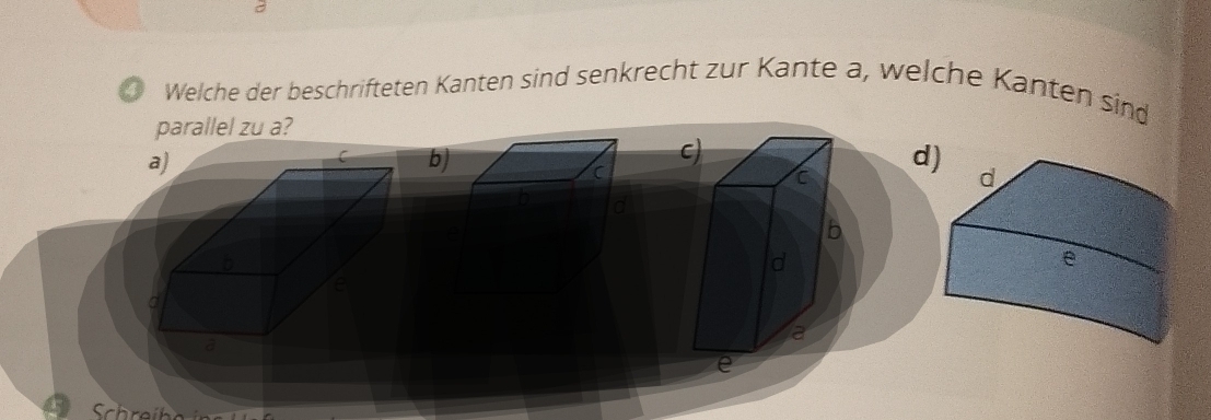 a
Welche der beschrifteten Kanten sind senkrecht zur Kante a, welche Kanten sind
parallel zu a?
b)
c)
a
d
a
b
d
a