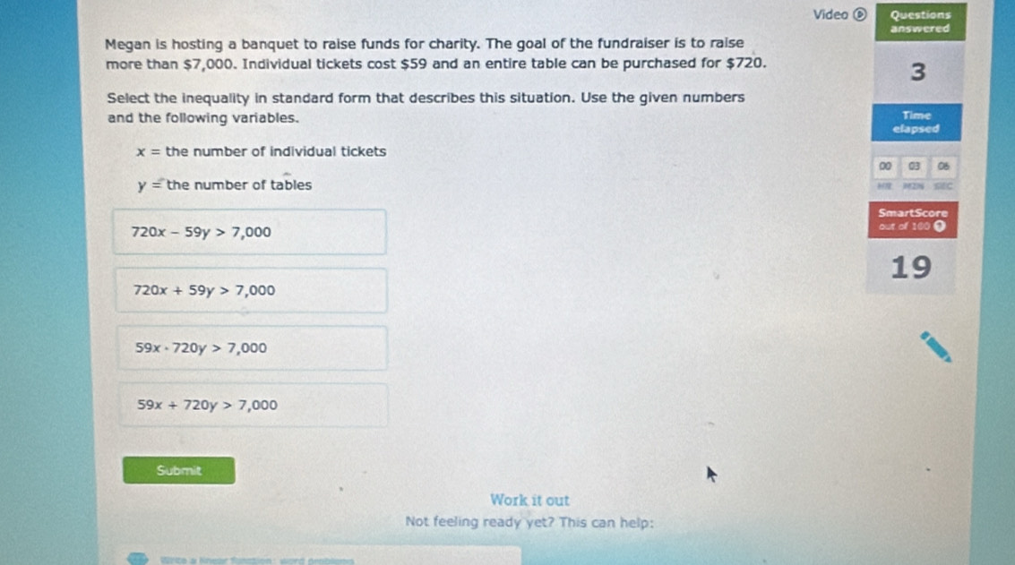 Video ⑥ Questions
answered
Megan is hosting a banquet to raise funds for charity. The goal of the fundraiser is to raise
more than $7,000. Individual tickets cost $59 and an entire table can be purchased for $720.
3
Select the inequality in standard form that describes this situation. Use the given numbers
and the following variables. Time
elapsed
x= the number of individual tickets
00 03 06
y= the number of tables
02 SC
SmartScore
720x-59y>7,000
out of 100 0
19
720x+59y>7,000
59x· 720y>7,000
59x+720y>7,000
Submit
Work it out
Not feeling ready yet? This can help: