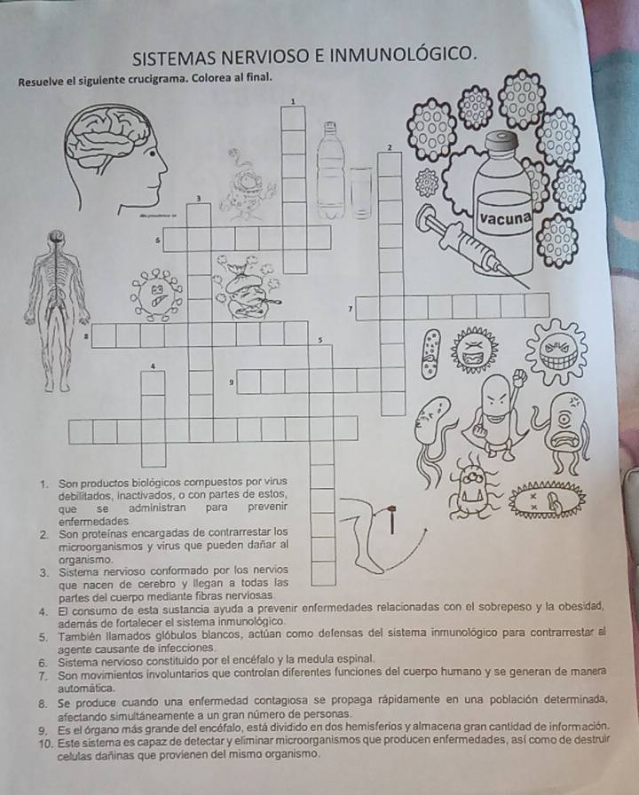 SISTEMAS NERVIOSO E INMUNOLÓGICO. 
Re 
4. El consumo de esta sustancia ayuda a prevenir enfermedades relacionadas con el sobrepeso y la obesidad, 
además de fortalecer el sistema inmunológico 
5. También llamados glóbulos blancos, actúan como defensas del sistema inmunológico para contrarrestar a 
agente causante de infecciones 
6. Sistema nervioso constituído por el encéfalo y la medula espinal. 
7. Son movimientos involuntarios que controlan diferentes funciones del cuerpo humano y se generan de manera 
automática. 
8. Se produce cuando una enfermedad contagiosa se propaga rápidamente en una población determinada, 
afectando simultáneamente a un gran número de personas 
9. Es el órgano más grande del encéfalo, está dividido en dos hemisferios y almacena gran cantidad de información. 
10. Este sistema es capaz de detectar y eliminar microorganismos que producen enfermedades, así como de destruir 
celulas dañinas que provienen del mismo organismo.