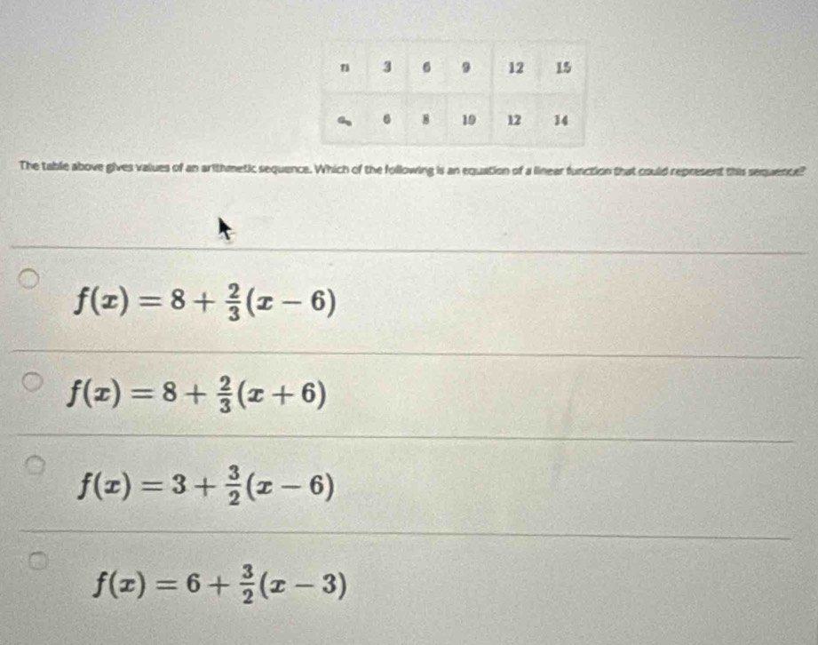 The table above gives values of an arithmetic sequence. Which of the following is an equation of a linear function that could represent this sequence?
f(x)=8+ 2/3 (x-6)
f(x)=8+ 2/3 (x+6)
f(x)=3+ 3/2 (x-6)
f(x)=6+ 3/2 (x-3)