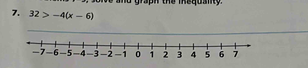 nd graph the mnequanty. 
7. 32>-4(x-6)