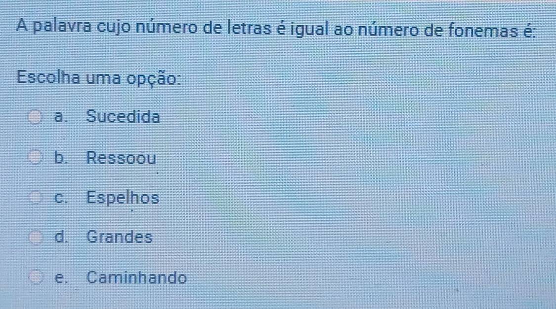 A palavra cujo número de letras é igual ao número de fonemas é:
Escolha uma opção:
a. Sucedida
b. Ressoou
c. Espelhos
d. Grandes
e. Caminhando