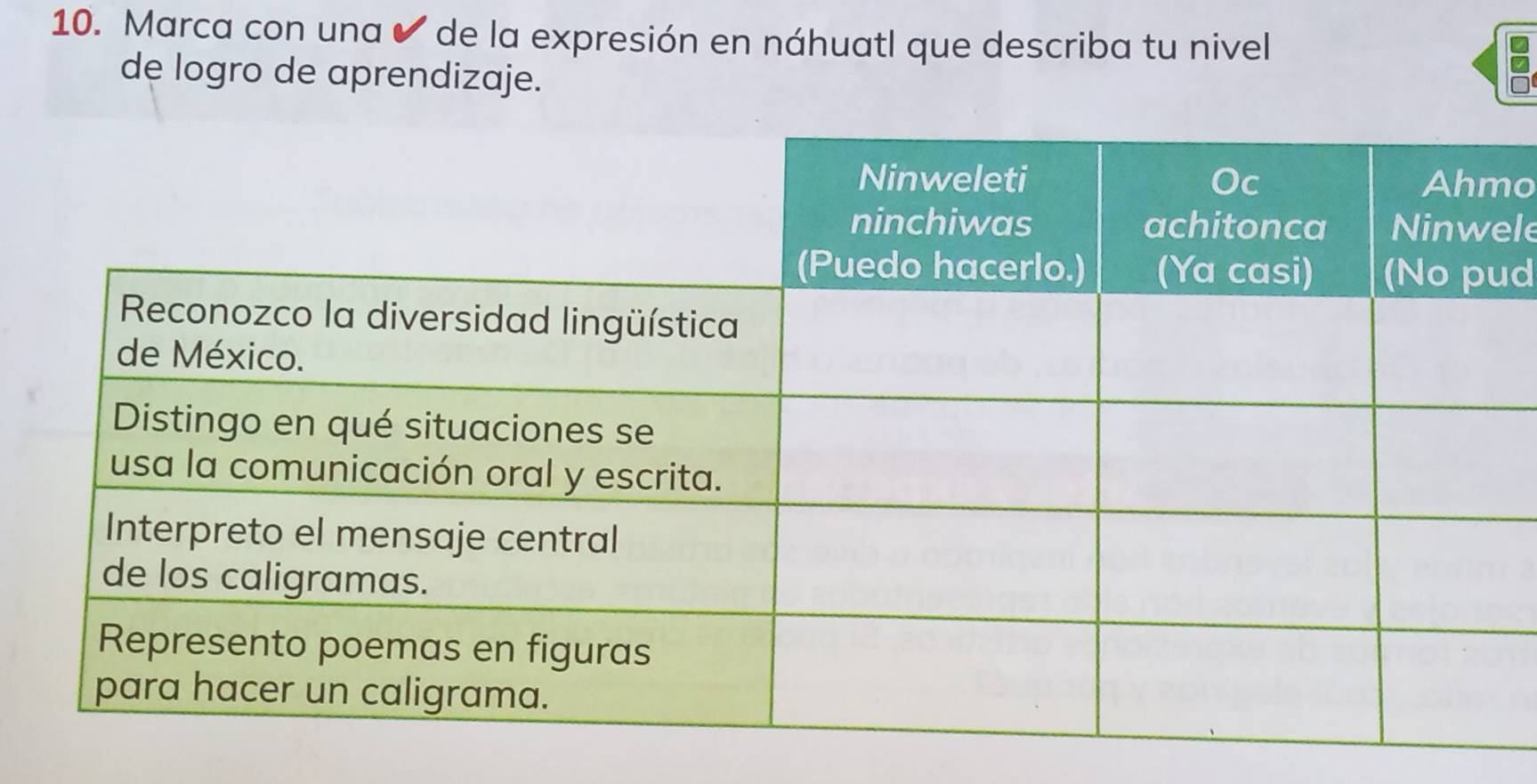 Marca con una ✔ de la expresión en náhuatl que describa tu nivel 
de logro de aprendizaje. 
o 
le 
d