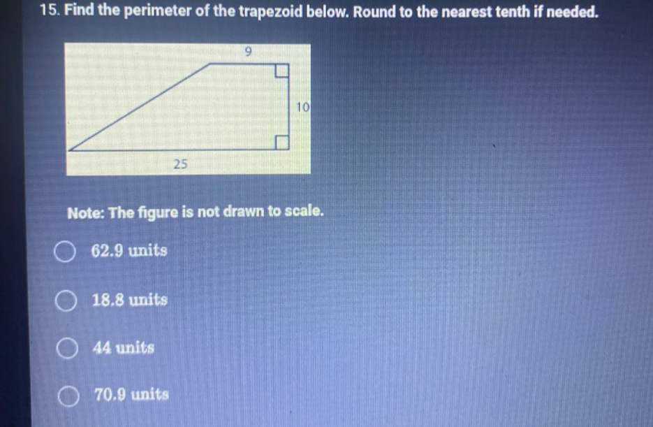 Find the perimeter of the trapezoid below. Round to the nearest tenth if needed.
Note: The figure is not drawn to scale.
62.9 units
18.8 units
44 units
70.9 units