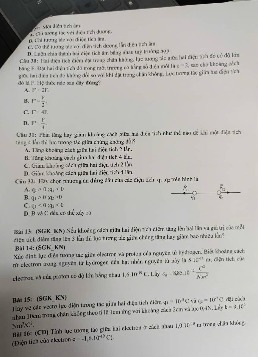 29: Một điện tích âm:
A. Chi tương tác với điện tích dương.
B. Chỉ tương tác với điiện tích âm.
C. Có thể tương tác với điện tích dương lẫn điện tích âm.
D. Luôn chia thành hai điện tích âm bằng nhau tuỳ trường hợp.
Câu 30: Hai điện tích điểm đặt trong chân không, lực tương tác giữa hai điện tích đó có độ lớn
bằng F. Đặt hai điện tích đó trong môi trường có hằng số điện môi là varepsilon =2 , sao cho khoảng cách
giữa hai điện tích đó không đổi so với khi đặt trong chân không. Lực tương tác giữa hai điện tích
dó là F. Hệ thức nào sau đây đúng?
A. F=2F.
B. F'= F/2 .
C. F=4F.
D. F'= F/4 .
Câu 31: Phải tăng hay giảm khoảng cách giữa hai điện tích như thế nào dể khi một điện tích
tăng 4 lần thì lực tương tác giữa chúng không đổi?
A. Tăng khoảng cách giữa hai điện tích 2 lần.
B. Tăng khoảng cách giữa hai điện tích 4 lần.
C. Giảm khoảng cách giữa hai điện tích 2 lần.
D. Giảm khoảng cách giữa hai điện tích 4 lần.
Câu 32: Hãy chọn phương án đúng dấu của các điện tích q1 ,q2 trên hình là
A. q_1>0;q_2<0</tex>
vector F_21 vector F_12
B. q_1>0;q_2>0 4
q_1
C. q_1<0;q_2<0</tex>
D. B và C đều có thể xảy ra
Bài 13: (SGK_KN) Nếu khoảng cách giữa hai điện tích điểm tăng lên hai lần và giá trị của mỗi
điện tích điểm tăng lên 3 lần thì lực tương tác giữa chúng tăng hay giảm bao nhiêu lần?
Bài 14: (SGK_KN)
Xác định lực điện tương tác giữa electron và proton của nguyên tử hydrogen. Biết khoảng cách
từ electron trong nguyên tử hydrogen đến hạt nhân nguyên tử này là 5.10^(-11)m; điện tích của
electron và của proton có độ lớn bằng nhau 1,6.10^(-19)C. Lấy varepsilon _o=8,85.10^(-12) C^2/N.m^2 
Bài 15: (SGK_KN)
Hãy vẽ các vectơ lực điện tương tác giữa hai điện tích điểm q_1=10^(-5)C và q_2=10^(-7)C , đặt cách
nhau 10cm trong chân không theo tỉ lệ 1cm ứng với khoảng cách 2cm và lực 0,4N. Lấy k=9.10^9
Nm^2/C^2. trong chân không.
Bài 16: (CD) Tính lực tương tác giữa hai electron ở cách nhau 1,0.10^(-10)m
Điện tích của electron e=-1,6.10^(-19)C).