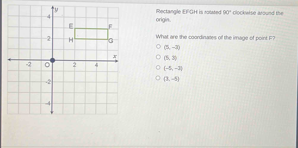 Solved: Rectangle EFGH is rotated 90° clockwise around the origin. What ...
