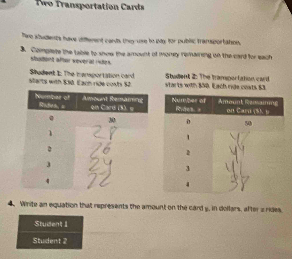 Two Transportation Cards 
fee students have different cards they use to pay for public transportation. 
3. Complete the table to show the amount of money remaining on the card for each 
student after several rides 
Student 1: The tansportation card Student 2: The transporfation card 
starts with $30. Each ride costs $2 starts with $50. Each ride coats $3
4. Write an equation that represents the amount on the card y, in dollars, after z rides. 
Student 1 
Student 2