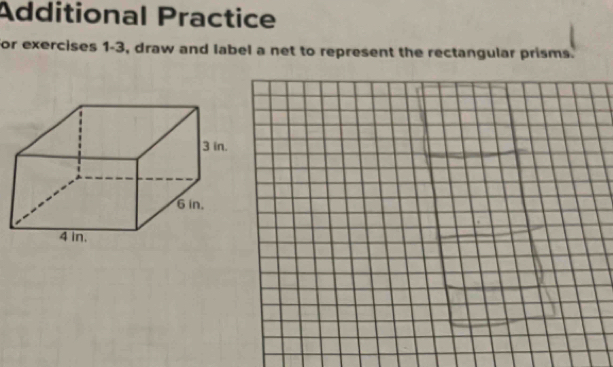 Additional Practice 
for exercises 1-3, draw and label a net to represent the rectangular prisms.