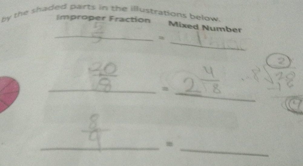 by the shaded parts in the illustrations below. 
Improper Fraction 
_ 
Mixed Number 
= 
_ 
__= 
__=