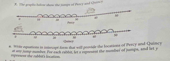 The graphs below show the jumps of Percy and Quincy. 
a. Write equations in intercept form that will provide the locations of Percy and Quincy 
at any jump number. For each rabbit, let x represent the number of jumps, and let y
represent the rabbit's location.