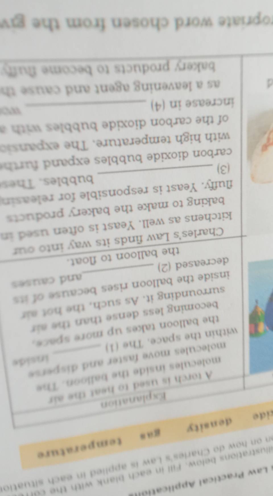 Lw Practical Applica to 
llustrations below. Fill in each blank with t 
n on how do Charies's Law is applied in each situation 
cide density temperature 
gan 
Explanation 
A torch is used to heat the air 
molecules inside the balloon. The 
inside 
molecules move faster and disperse 
within the space. The (1) 
the balloon takes up more space. 
becoming less dense than the air 
surrounding it. As such, the hot air 
inside the balloon rises because of its 
decreased (2) _and causes 
the balloon to float. 
Charles's Law finds its way into our 
kitchens as well. Yeast is often used in 
baking to make the bakery products 
fluffy. Yeast is responsible for releasin 
(3) _bubbles. Thes 
carbon dioxide bubbles expand fur th 
with high temperature. The expans 
of the carbon dioxide bubbles with 
increase in (4)_ 
wo 
a as a leavening agent and cause 
bakery products to become flufry 
ropriate word chosen from the giv