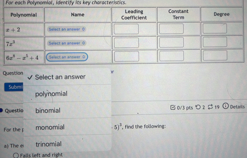 For each Polynomial, identify its key characteristics.
)r
Question Select an answer
Submi
polynomial
Questio binomial 0/3 pts つ 2 $19 Details
5)^3
For the p monomial , find the following:
a) The el trinomial
Falls left and right