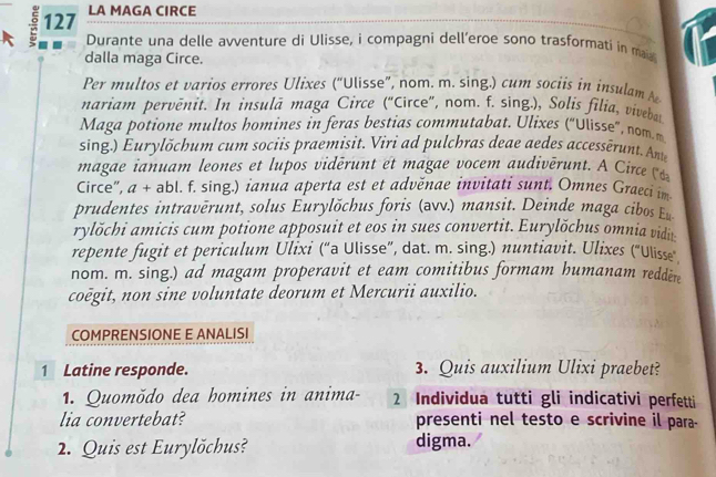 127 
LA MAGA CIRCE 
Durante una delle avventure di Ulisse, i compagni dell’eroe sono trasformati in ma 
dalla maga Circe. 
Per multos et varios errores Ulixes (“Ulisse”, nom. m. sing.) cum sociis in insulam 
nariam pervènit. In insulā maga Circe (“Circe”, nom. f. sing.), Solis filia, vivebar 
Maga potione multos homines in feras bestias commutabat. Ulixes (“Ulisse”, nom. m 
sing.) Eurylöchum cum sociis praemisit. Viri ad pulchras deae aedes accessérunt. Ante 
magae ianuam leones et lupos vidérunt et m age vocem audivérunt . Circ 
Circe", a + abl. f. sing.) ianua aperta est et advěnae invitati sunt. Omnes Graeci im. 
prudentes intravērunt, solus Eurylŏchus foris (əvv.) mansit. Deinde maga cibos Eu 
rylŏchi amicis cum potione apposuit et eos in sues convertit. Eurylŏchus omnia vidi 
repente fugit et periculum Ulixi (“a Ulisse”, dat. m. sing.) nuntiavit. Ulixes ("Ulisse" 
nom. m. sing.) ad magam properavit et eam comitibus formam humanam redder 
coēgit, non sine voluntate deorum et Mercurii auxilio. 
COMPRENSIONE E ANALISI 
1 Latine responde. 3. Quis auxilium Ulixi praebet? 
1. Quomõdo dea homines in anima- 2 Individua tutti gli indicativi perfetti 
lia convertebat? presenti nel testo e scrivine il para- 
2. Quis est Eurylöchus? digma.