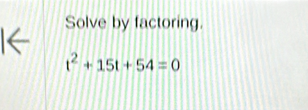 Solve by factoring.
t^2+15t+54=0