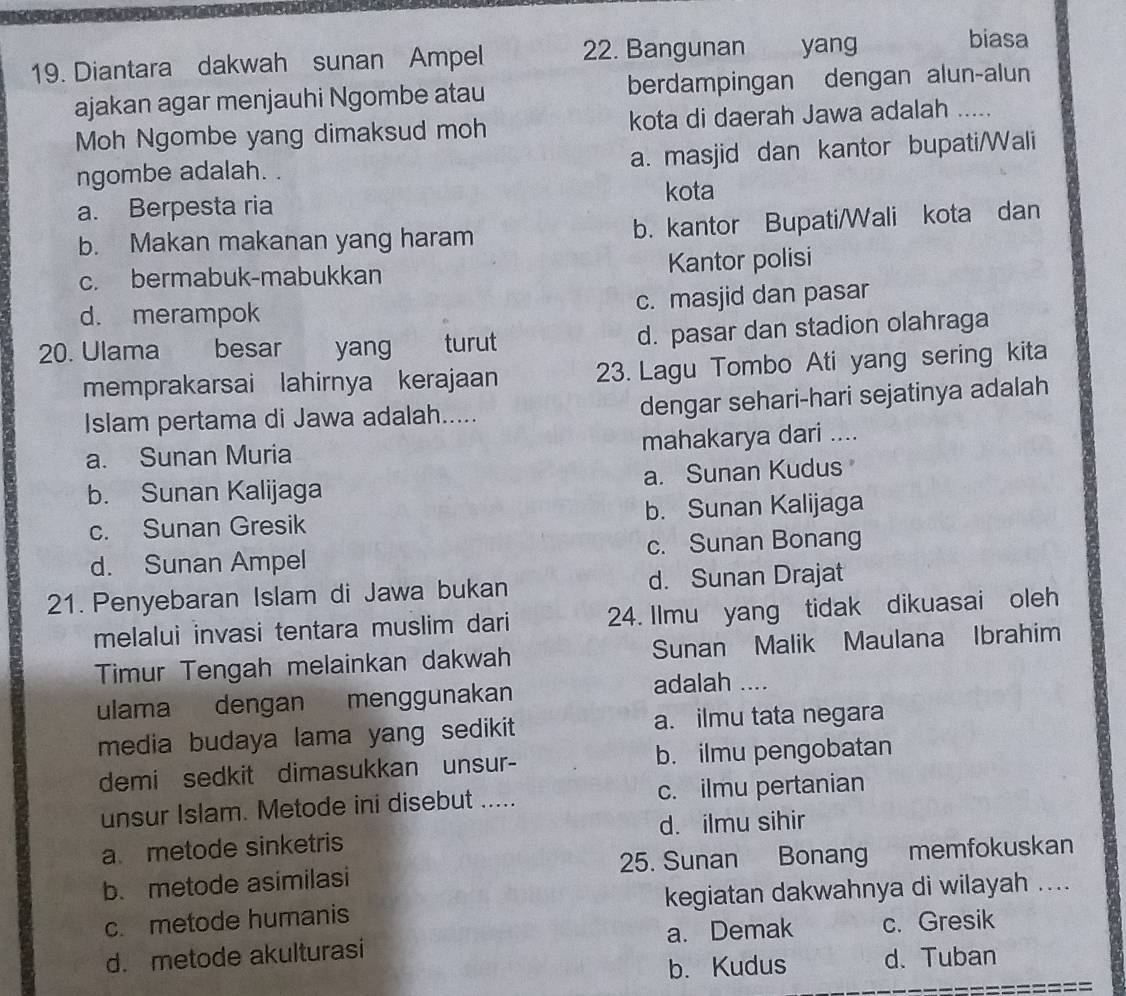 Diantara dakwah sunan Ampel 22. Bangunan yang
biasa
ajakan agar menjauhi Ngombe atau berdampingan dengan alun-alun
Moh Ngombe yang dimaksud moh kota di daerah Jawa adalah .....
ngombe adalah. . a. masjid dan kantor bupati/Wali
a. Berpesta ria kota
b. Makan makanan yang haram b. kantor Bupati/Wali kota dan
c. bermabuk-mabukkan Kantor polisi
d. merampok
c. masjid dan pasar
20. Ulama besar yang turut d. pasar dan stadion olahraga
memprakarsai lahirnya kerajaan 23. Lagu Tombo Ati yang sering kita
Islam pertama di Jawa adalah..... dengar sehari-hari sejatinya adalah
a. Sunan Muria mahakarya dari ....
b. Sunan Kalijaga a. Sunan Kudus
c. Sunan Gresik b. Sunan Kalijaga
d. Sunan Ampel c. Sunan Bonang
21. Penyebaran Islam di Jawa bukan d. Sunan Drajat
melalui invasi tentara muslim dari 24. Ilmu yang tidak dikuasai oleh
Timur Tengah melainkan dakwah Sunan Malik Maulana Ibrahim
ulama dengan menggunakan
adalah ....
media budaya lama yang sedikit a. ilmu tata negara
demi sedkit dimasukkan unsur- b. ilmu pengobatan
unsur Islam. Metode ini disebut ..... c. ilmu pertanian
a metode sinketris d. ilmu sihir
b. metode asimilasi 25. Sunan Bonang memfokuskan
c. metode humanis kegiatan dakwahnya di wilayah ....
d. metode akulturasi a. Demak c. Gresik
b. Kudus d. Tuban