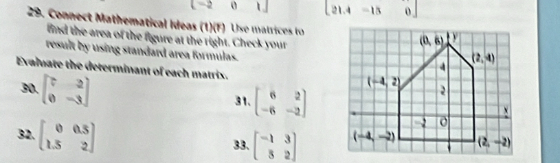 [-201] 21.4-15
29. Connect Mathematical Ideas (1)(F) Use matrices (o
find the area of the figure at the right. Check your
result by using standard area formulas.
Evalmate the determinant of each matrix.
30. beginbmatrix 7&2 0&-3endbmatrix 31. beginbmatrix 6&2 -6&-2endbmatrix
32. beginbmatrix 0&0.5 1.5&2endbmatrix
8B、 beginbmatrix -1&3 5&2endbmatrix