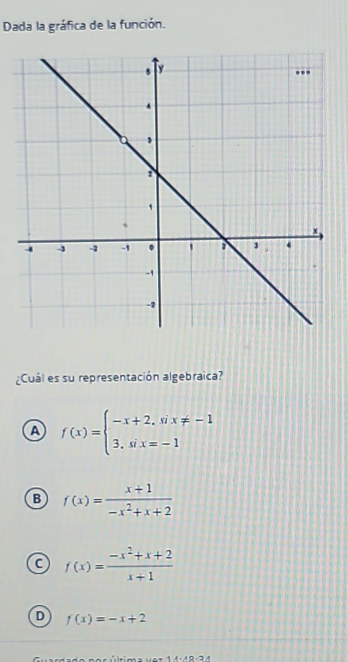 Dada la gráfica de la función.
¿Cuál es su representación algebraica?
A f(x)=beginarrayl -x+2,six!= -1 3,six=-1endarray.
B f(x)= (x+1)/-x^2+x+2 
f(x)= (-x^2+x+2)/x+1 
D f(x)=-x+2
2· 2