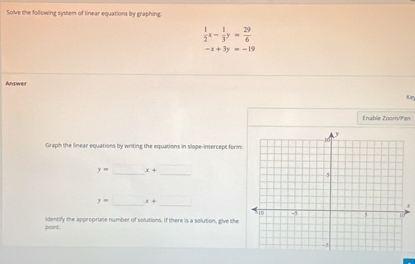 Solve the following system of linear equations by graphing:
 1/2 x- 1/3 y= 29/6 
-x+3y=-19
Answer 
Key 
Enable Zoom/Pan 
Graph the linear equations by writing the equations in slope-intercept form: 
__ y=□ x+□
y=□ x+ _ _ ()^
x
Identify the appropriate number of solutions. If there is a solution, give the 
point: