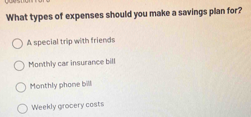 What types of expenses should you make a savings plan for?
A special trip with friends
Monthly car insurance bill
Monthly phone bill
Weekly grocery costs