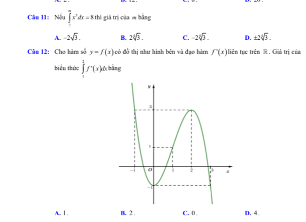 Nếu ∈tlimits _2^((π)x^3)dx=8 thì giá trị của m bằng
A. -2sqrt(3). B. 2sqrt[4](3). C. -2sqrt[4](3). D. ± 2sqrt[4](3). 
Câu 12: Cho hàm số y=f(x) có đồ thị như hình bên và đạo hàm f'(x) liên tục trên R. Giá trị của
biểu thức ∈tlimits _1^2f'(x)dxb ảng
A. 1. B. 2. C. 0. D. 4.