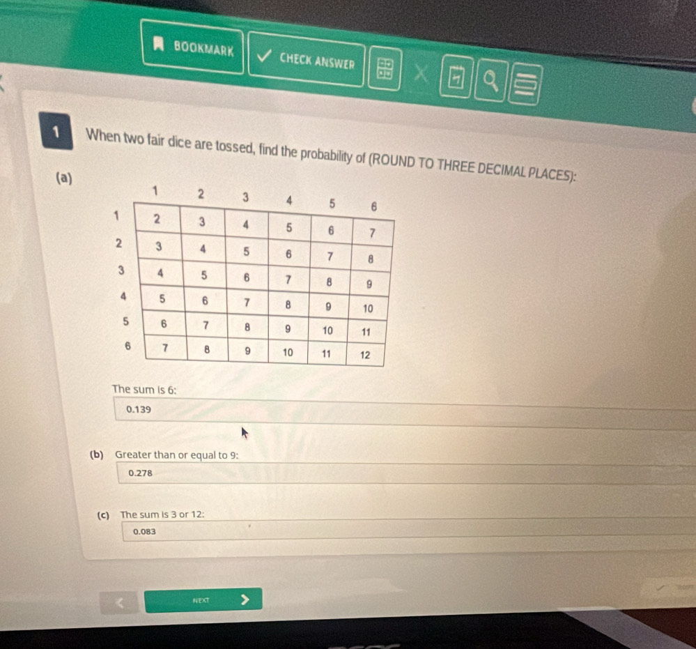 BOOKMARK CHECK ANSWER X a
1 When two fair dice are tossed, find the probability of (ROUND TO THREE DECIMAL PLACES):
(a)
The sum is 6 :
0.139
(b) Greater than or equal to 9 :
0.278
(c) The sum is 3 or 12 :
0.083
< NEXT