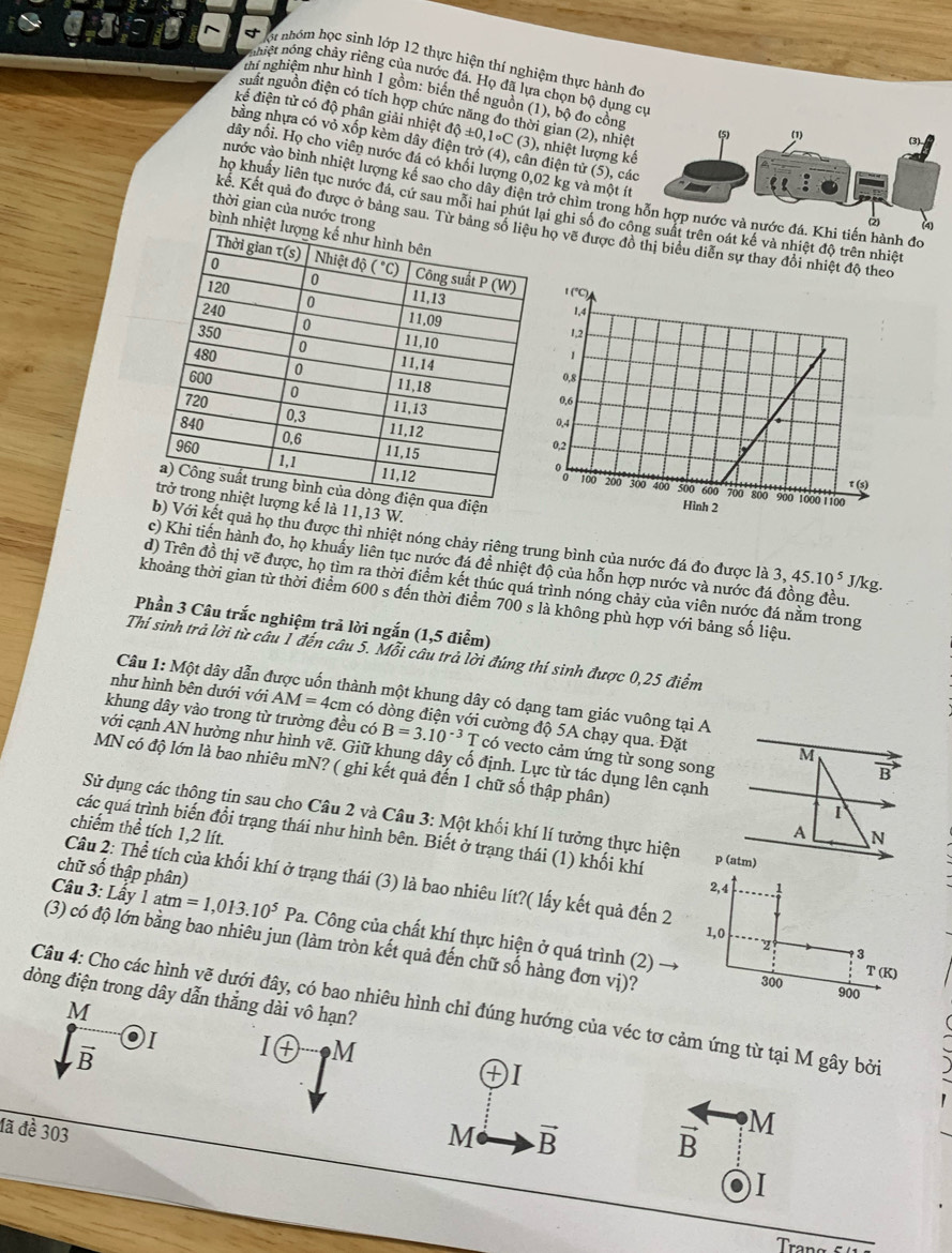 ột nhóm học sinh lớp 12 thực hiện thí nghiệm thực hành đo
nhiệt nóng chảy riêng của nước đá. Họ đã lựa chọn bộ dụng 
nh nghiệm như hình 1 gồm: biến thế nguồn (1), bộ đo cồng
suất nguồn điện có tích hợp chức năng đo thời gian (2), nhiệt
kể điện tử có độ phân giải nhiệt etdphi t+0± 0,1circ C(3) ), nhiệt lượng kế
nhằng nhựa có vỏ xốp kèm dây điện trở (4), cân điện tử (5), các
dây nối. Họ cho viên nước đá có khối lượng 0,02 kg và một ít
nước vào bình nhiệt lượng kể sao cho dây điện trở chim trong hành đo
thời gian của nước tr
Thọ khuẩy liên tục nước đá, cứ sau mỗi hai phút lại ghi số đo côoát kế và nhiệt độ trên nhiệt
Kế. Kết quả đo được ở bảng sau. Từ bọ vẽ được đồ thị biểu diễn sự thay đổi nhiệt độ theo
bình
11,13 W.
Với kết quả họ thu được thì nhiệt nóng chảy riêng trung bình của nước đá đo được là 3. 45.10^5 J/kg.
c) Khi tiến hành đo, họ khuẩy liên tục nước đá đề nhiệt độ của hỗn hợp nước và nước đá đồng đều.
d) Trên đồ thị vẽ được, họ tìm ra thời điểm kết thúc quá trình nóng chảy của viên nước đá nằm trong
khoảng thời gian từ thời điểm 600 s đến thời điểm 700 s là không phù hợp với bảng số liệu.
Phần 3 Câu trắc nghiệm trả lời ngắn (1,5 điểm)
Thí sinh trả lời từ cầu 1 đến câu 5. Mỗi câu trả lời đúng thí sinh được 0,25 điểm
Câu 1: Một dây dẫn được uốn thành một khung dây có dạng tam giác vuông tại A
như hình bên dưới với AM=4cm có dòng điện với cường độ 5A chạy qua. Đặt
khung dây vào trong từ trường đều có B=3.10^(-3) T có vecto cảm ứng từ song song
M
với cạnh AN hường như hình vẽ. Giữ khung dây cố định. Lực từ tác dụng lên cạnh
MN có độ lớn là bao nhiêu mN? ( ghi kết quả đến 1 chữ số thập phân)
overline R
1
Sử dụng các thông tin sau cho Câu 2 và Câu 3: Một khối khí lí tưởng thực hiện
chiếm thể tích 1,2 lít.
A N
các quá trình biến đổi trạng thái như hình bên. Biết ở trạng thái (1) khối khí 
chữ số thập phân)
Câu 2: Thể tích của khối khí ở trạng thái (3) là bao nhiêu lít?( lấy kết quả đến 2
Câu 3: Lấy 1 atr tm=1,013.10^5Pa. Công của chất khí thực hiện ở quá trình (2)
(3) có độ lớn bằng bao nhiêu jun (làm tròn kết quả đến chữ số hàng đơn vị)?
dòng điện trong dây dẫn thẳng dài vô hạn?
M
Câu 4: Cho các hình vẽ dưới đây, có bao nhiêu hình chỉ đúng hướng của véc tơ cảm ứng từ tại M gây bởi
vector B
I IA M
㊉Ⅰ
đã đề 303
M vector B vector B M
I
Trane