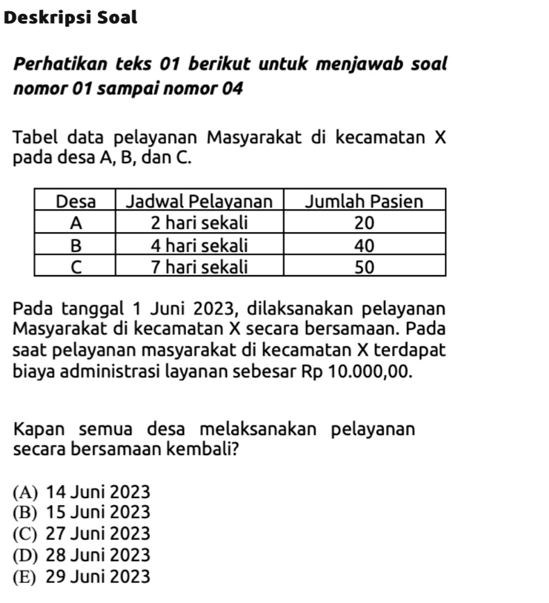 Deskripsi Soal
Perhatikan teks 01 berikut untuk menjawab soal
nomor 01 sampai nomor 04
Tabel data pelayanan Masyarakat di kecamatan X
pada desa A, B, dan C.
Pada tanggal 1 Juni 2023, dilaksanakan pelayanan
Masyarakat di kecamatan X secara bersamaan. Pada
saat pelayanan masyarakat di kecamatan X terdapat
biaya administrasi layanan sebesar Rp 10.000,00.
Kapan semua desa melaksanakan pelayanan
secara bersamaan kembali?
(A) 14 Juni 2023
(B) 15 Juni 2023
(C) 27 Juni 2023
(D) 28 Juni 2023
(E) 29 Juni 2023