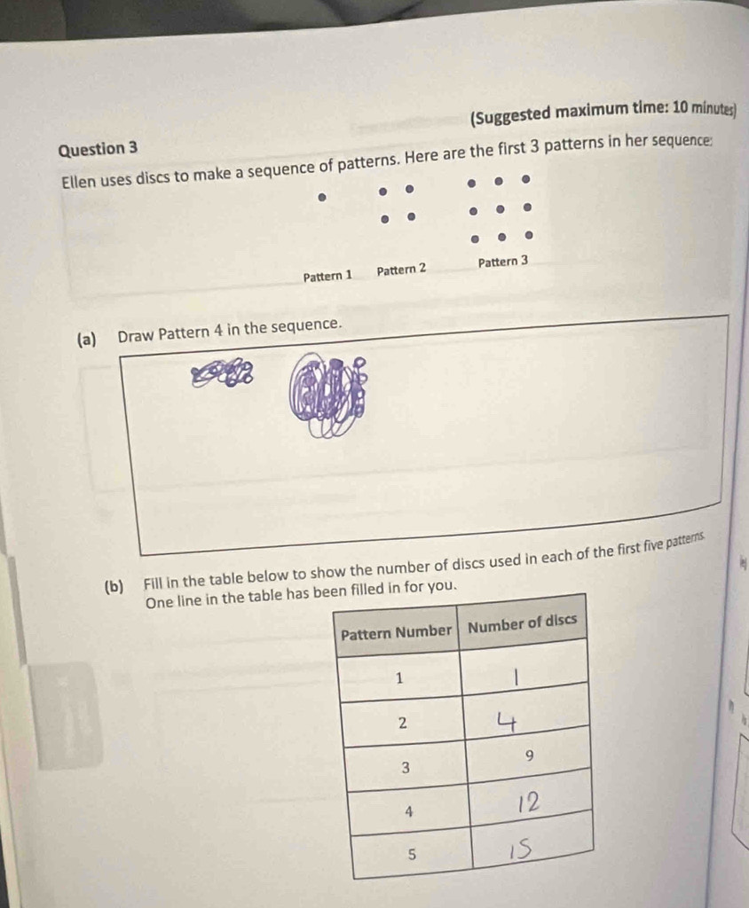 (Suggested maximum time: 10 minutes) 
Question 3 
Ellen uses discs to make a sequence of patterns. Here are the first 3 patterns in her sequence: 
Pattern 1 Pattern 2 Pattern 3 
(a) Draw Pattern 4 in the sequence. 
(b) Fill in the table below to show the number of discs used in each of the first five patterns. 
One line in the table has