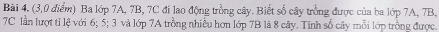 (3,0 điểm) Ba lớp 7A, 7B, 7C đí lao động trồng cây. Biết số cây trồng được của ba lớp 7A, 7B,
7C lần lượt tỉ lệ với 6; 5; 3 và lớp 7A trồng nhiều hơn lớp 7B là 8 cây. Tính số cây mỗi lớp trồng được.