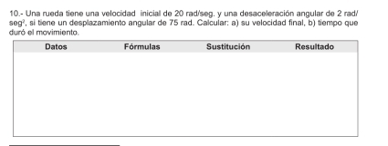 10.- Una rueda tiene una velocidad inicial de 20 rad/seg. y una desaceleración angular de 2 rad
sec g^2 , si tiene un desplazamiento angular de 75 rad. Calcular: a) su velocidad final, b) tiempo que 
duró el movimiento.