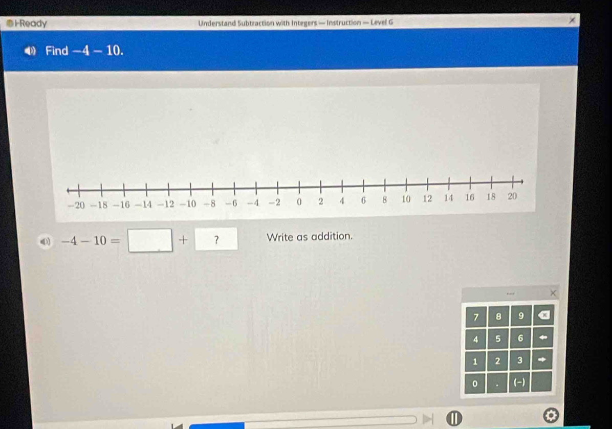 I-Ready Understand Subtraction with Integers — Instruction — Level G 
Find -4-10.
-4-10=□ + ？ Write as addition.
7 8 9
4 5 6
1 2 3 *
0 . (-)