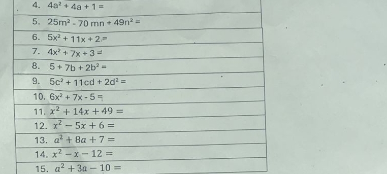 4a^2+4a+1=
15. a^2+3a-10=