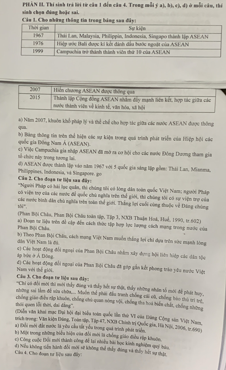 PHÀN II. Thí sinh trả lời từ câu 1 đến câu 4. Trong mỗi ý a), b), c), d) ở mỗi câu, thí
sinh chọn đúng hoặc sai.
Câu 1. Cho những thông tin trong bảng sau đây:
a) Năm 2007, khuôn khổ pháp lý và thể chế cho hợp tác giữa các nước ASEAN được thông
qua.
b) Bảng thông tin trên thể hiện các sự kiện trong quá trình phát triển của Hiệp hội các
quốc gia Đông Nam Á (ASEAN).
c) Việc Campuchia gia nhập ASEAN đã mở ra cơ hội cho các nước Đông Dương tham gia
tổ chức này trong tương lai.
d) ASEAN được thành lập vào năm 1967 với 5 quốc gia sáng lập gồm: Thái Lan, Mianma,
Philippines, Indonesia, và Singapore. go
Câu 2. Cho đoạn tư liệu sau đây:
“Người Pháp có hải lục quân, thì chúng tôi có lòng dân toàn quốc Việt Nam; người Pháp
có viện trợ của các nước đế quốc chủ nghĩa trên thế giới, thì chúng tôi có sự viện trợ của
các nước bình dân chủ nghĩa trên toàn thế giới. Thắng lợi cuối cùng thuộc về Đảng chúng
that oi'prime .
(Phan Bội Châu, Phan Bội Châu toàn tập, Tập 3, NXB Thuận Hoá, Huế, 1990, tr.602)
a) Đoạn tư liệu trên đề cập đến cách thức tập hợp lực lượng cách mạng trong nước của
Phan Bội Châu.
b) Theo Phan Bội Châu, cách mạng Việt Nam muốn thắng lợi chỉ dựa trên sức mạnh lòng
dân Việt Nam là đủ.
c) Các hoạt động đối ngoại của Phan Bội Châu nhằm xây dựng hội liên hiệp các dân tộc
áp bức ở Á Đông.
d) Các hoạt động đối ngoại của Phan Bội Châu đã góp gắn kết phong trào yêu nước Việt
Nam với thế giới.
Câu 3. Cho đoạn tư liệu sau đây:
*Chi có đồi mới thì mới thấy đúng và thấy hết sự thật, thấy những nhân tố mới đề phát huy,
những sai lầm đề sửa chữa,... Muốn thế phải đầu tranh chống cái cũ, chống bảo thủ trì trệ,
chống giáo điều rập khuôn, chống chủ quan nóng vội, chống tha hoá biến chất, chống những
thói quen lỗi thời, dai dẳng”.
(Diễn văn khai mạc Đại hội đại biểu toàn quốc lần thứ VI của Đảng Cộng sản Việt Nam,
trích trong: Văn kiện Đảng, Toàn tập, Tập 47, NXB Chính trị Quốc gia, Hà Nội, 2006, tr.690)
a) Đổi mới đất nước là yêu cầu tất yểu trong quá trình phát triển.
b) Một trong những biểu hiện của đổi mới là chống giáo điều rập khuôn.
c) Công cuộc Đổi mới thành công để lại nhiều bài học kinh nghiệm quý báu.
d) Nếu không tiến hành đổi mới sẽ không thể thấy đúng và thấy hết sự thật.
Câu 4. Cho đoạn tư liệu sau đây: