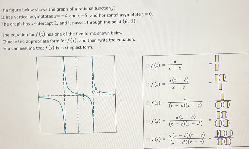 The figure below shows the graph of a rational function f.
It has vertical asymptotes x=-4 and x=5 , and horizontal asymptote y=0.
The graph has x-intercept 2, and it passes through the point (6,2).
The equation for f(x) has one of the five forms shown below.
Choose the appropriate form for f(x) , and then write the equation.
You can assume that f(x) is in simplest form.
f(x)= a/x-b  = □ /□  
f(x)= (a(x-b))/x-c  = □ (□ )/□  
f(x)= a/(x-b)(x-c) = □ /(□ )(□ ) 
f(x)= (a(x-b))/(x-c)(x-d) = □ (□ )/(□ )(□ ) 
f(x)= (a(x-b)(x-c))/(x-d)(x-e) = □ (□ )(□ )/(□ )(□ ) 