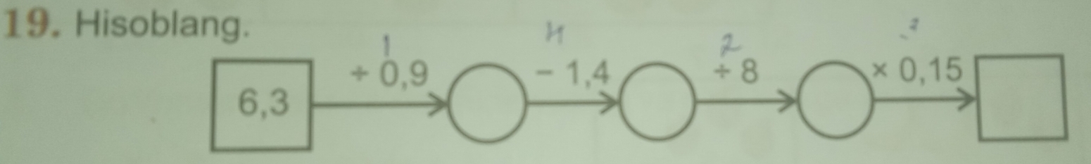 Hisoblang.
2
1

÷ 0,9 -1 A / 8 * 0,15
6,3
□