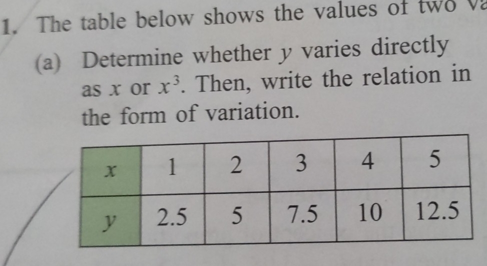 The table below shows the values of two va 
(a) Determine whether y varies directly 
as x or x^3. Then, write the relation in 
the form of variation.