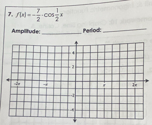 f(x)=- 7/2 · cos  1/2 x
Amplitude:_ Period: 
_