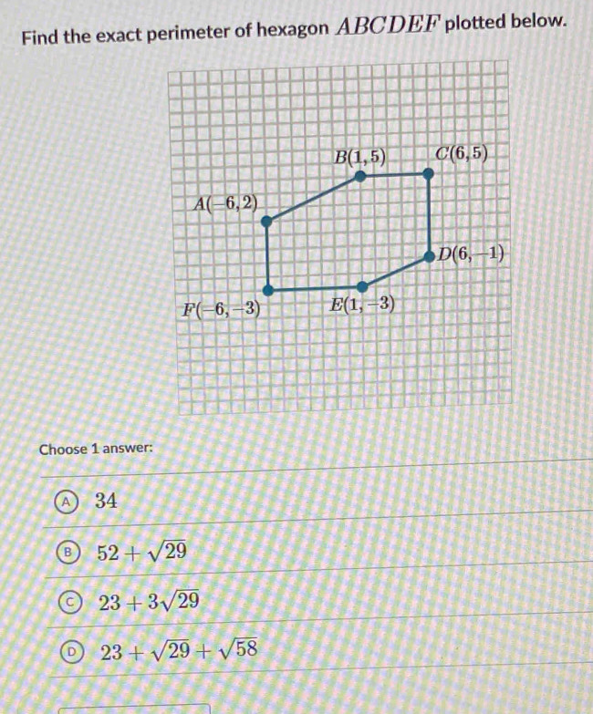 Find the exact perimeter of hexagon ABCDEF plotted below.
Choose 1 answer:
34
B 52+sqrt(29)
23+3sqrt(29)
23+sqrt(29)+sqrt(58)