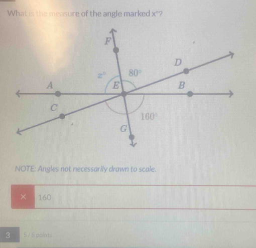 What is the measure of the angle marked x° 7
NOTE: Angles not necessarily drawn to scale.
× 160
3 5 /5 points