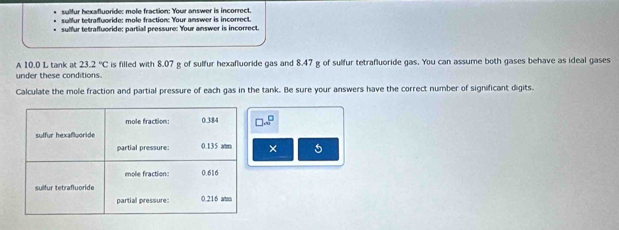 sulfur hexafluoride: mole fraction: Your answer is incorrect.
sulfur tetrafluoride: mole fraction: Your answer is incorrect.
sulfur tetrafluoride: partial pressure: Your answer is incorrect.
A 10.0 L tank at 23.2°C is filled with 8.07 g of sulfur hexafluoride gas and 8.47 g of sulfur tetrafluoride gas. You can assume both gases behave as ideal gases
under these conditions.
Calculate the mole fraction and partial pressure of each gas in the tank. Be sure your answers have the correct number of significant digits.
□ * 10^□
× 5