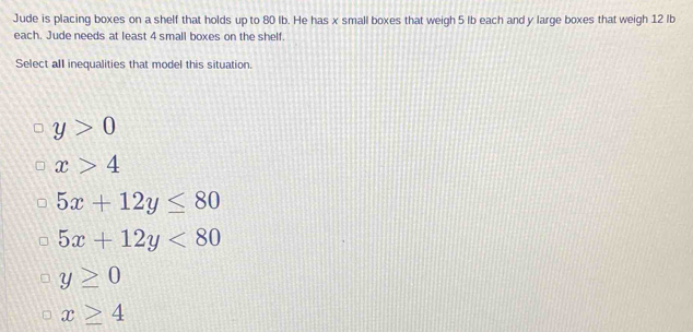 Jude is placing boxes on a shelf that holds up to 80 lb. He has x small boxes that weigh 5 lb each and y large boxes that weigh 12 lb
each. Jude needs at least 4 small boxes on the shelf
Select all inequalities that model this situation.
y>0
x>4
5x+12y≤ 80
5x+12y<80</tex>
y≥ 0
x≥ 4