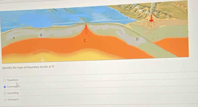 Identify the type of boundary locate at D
Transform
Convergent
Upwelling
Divergent