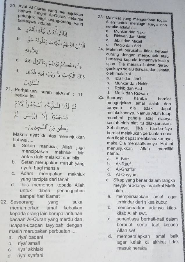 Ayat Al-Quran yang menunjukkan
bahwa fungsi Al-Quran sebagai
23. Malaikat yang mengemban tugas
petunjuk bagi orang-orang yang
bertaqwa adalah ...
Allah untuk menjaga surga dan
neraka adalah ....
a.
a. Munkar dan Nakir
b. Ridwan dan Malik
b.
c. Jibril dan Mikail
d. Raqib dan Atid
24. Mahmud berusaha tidak berbuat
curang dengan menyontek atau
C.
bertanya kepada temannya ketika
ujian. Dia merasa bahwa gerak-
geriknya selalu diawasi dan dicatat
d. oleh malaikat ...
a. Izrail dan Jibril
b. Munkar dan Nakir
c. Rokib dan Atid
d. Malik dan Ridwan
21. Perhatikan surah al-A'raf : 11 25. Seorang hamba berniat
berikut ini!
mengerjakan amal saleh dan
ternyata  dia tidak dapat
melakukannya. Namun Allah tetap
memberi pahala atas niatnya
seolah-olah niat itu dilaksanakan.
Sebaliknya, jika hamba-Nya
berniat melakukan perbuatan dosa
Makna ayat di atas menunjukkan dan tidak dapat melaksanakannya,
bahwa ....
maka Dia memaafkannya. Hal ini
a. Selain manusia, Allah juga menunjukkan Allah memiliki
menciptakan makhluk lain nama....
antara lain malaikat dan iblis a. Al-Barr
b. Setan merupakan musuh yang b. Ar-Rauf
nyata bagi mansia c. Al-Ghaffar
c. Adam merupakan makhluk d. Al-Qayyum
yang tercipta dari tanah e. Sikap yang benar dalam rangka
d. Iblis memohon kepada Allah meyakini adanya malaikat Malik
untuk diberi penangguhan ialah ....
sampai hari kiamat a. mempersiapkan amal agar
22. Seseorang yang suka terhindar dari siksa kubur
memamerkan amal kebaikan b. membenarkan adanya kitab-
kepada orang lain berupa lantunan kitab Allah swt.
bacaan Al-Quran yang merdu dan c. senantiasa berhati-hati dalam
ucapan-ucapan tayyibah dengan berbuat serta taat kepada
masih merupakan perbuatan .... Allah swt.
a. riya' badani d. mempersiapkan amal baik
b. riya' amali agar kelak di akhirat tidak
c. riya' akhlaki masuk neraka
d. riya' syafani