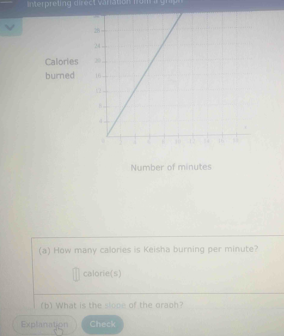 Interpreting direct variation from a graph 
Calories 
burned 
Number of minutes
(a) How many calories is Keisha burning per minute? 
calorie(s) 
(b) What is the slope of the graph? 
Explanation Check