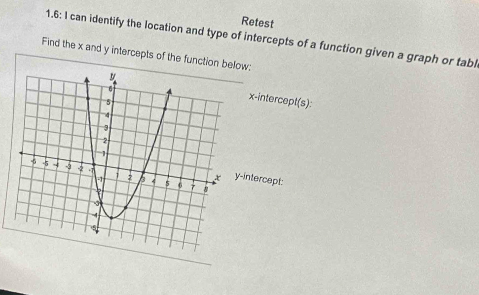 Retest 
1.6: I can identify the location and type of intercepts of a function given a graph or tabl 
Find the x and y intercepts of the function below: 
x-intercept(s): 
tercept: