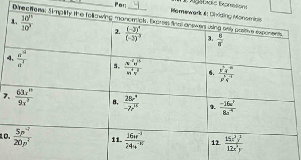 1: Algebraic Expressions
_Per: 
Direc
7
10