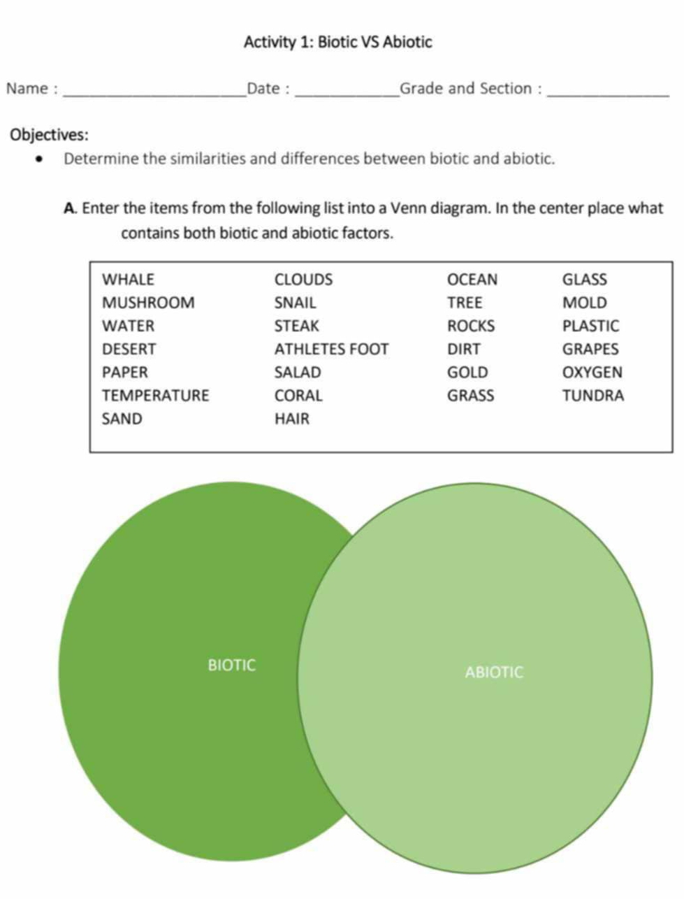 Activity 1: Biotic VS Abiotic 
Name : _Date : _Grade and Section :_ 
Objectives: 
Determine the similarities and differences between biotic and abiotic. 
A. Enter the items from the following list into a Venn diagram. In the center place what 
contains both biotic and abiotic factors.