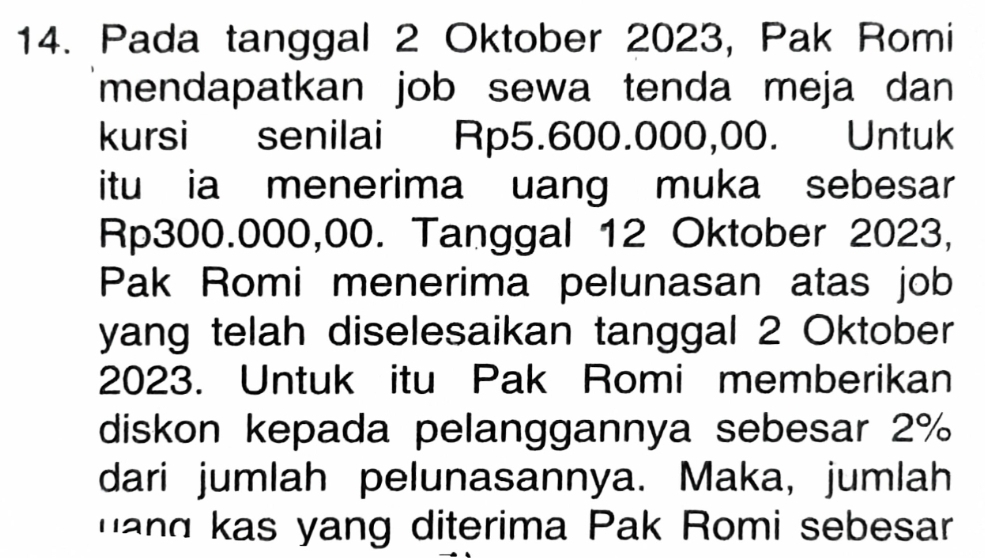 Pada tanggal 2 Oktober 2023, Pak Romi 
mendapatkan job sewa tenda meja dan 
kursi senilai Rp5.600.000,00. Untuk 
itu ia menerima uang muka sebesar
Rp300.000,00. Tanggal 12 Oktober 2023, 
Pak Romi menerima pelunasan atas job 
yang telah diselesaikan tanggal 2 Oktober 
2023. Untuk itu Pak Romi memberikan 
diskon kepada pelanggannya sebesar 2%
dari jumlah pelunasannya. Maka, jumlah 
n g k as yang diterima Pak Romi sebesar